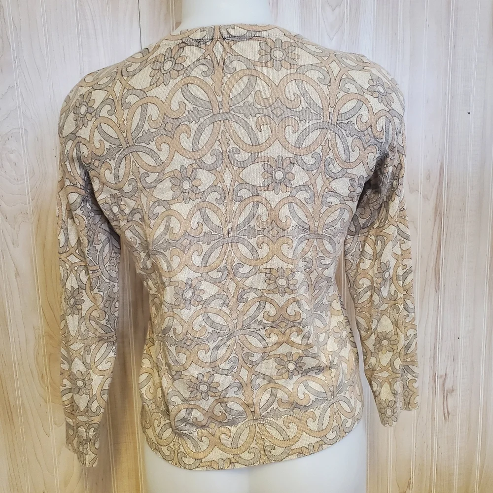 Talbots Black Label Grandmacore Cardigan Sweater Gold Glitter Damask  Sizs‎ P/M